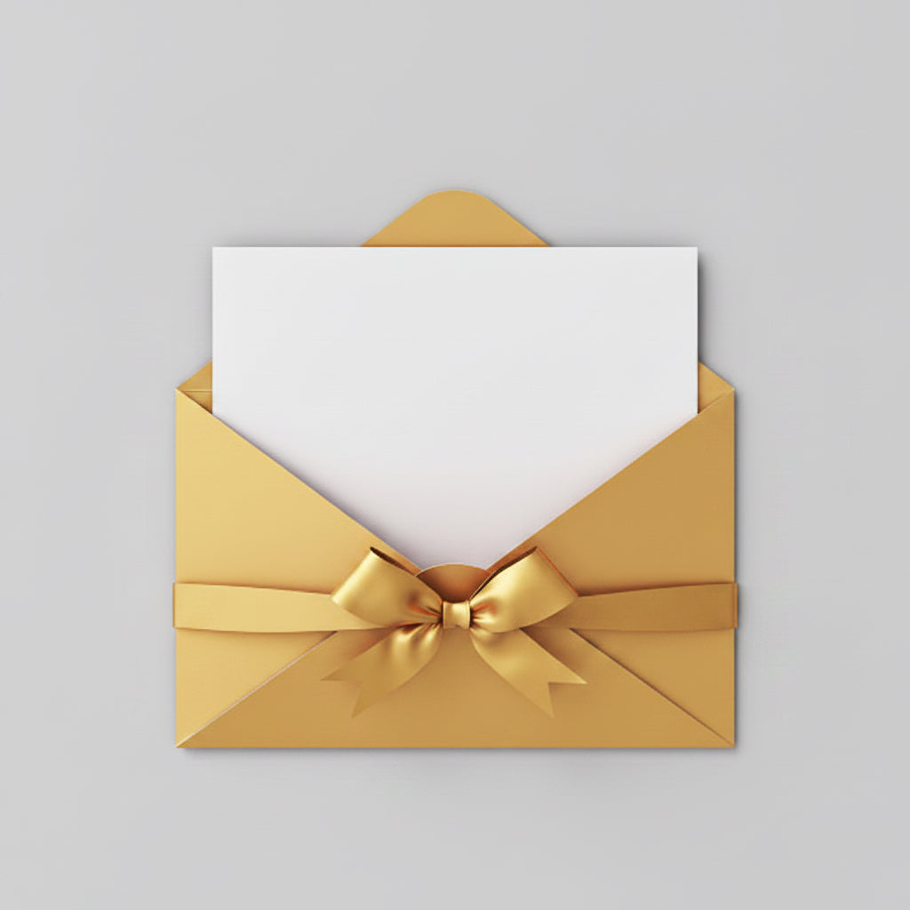 Pink envelope with a white card and pink ribbon on a pink background