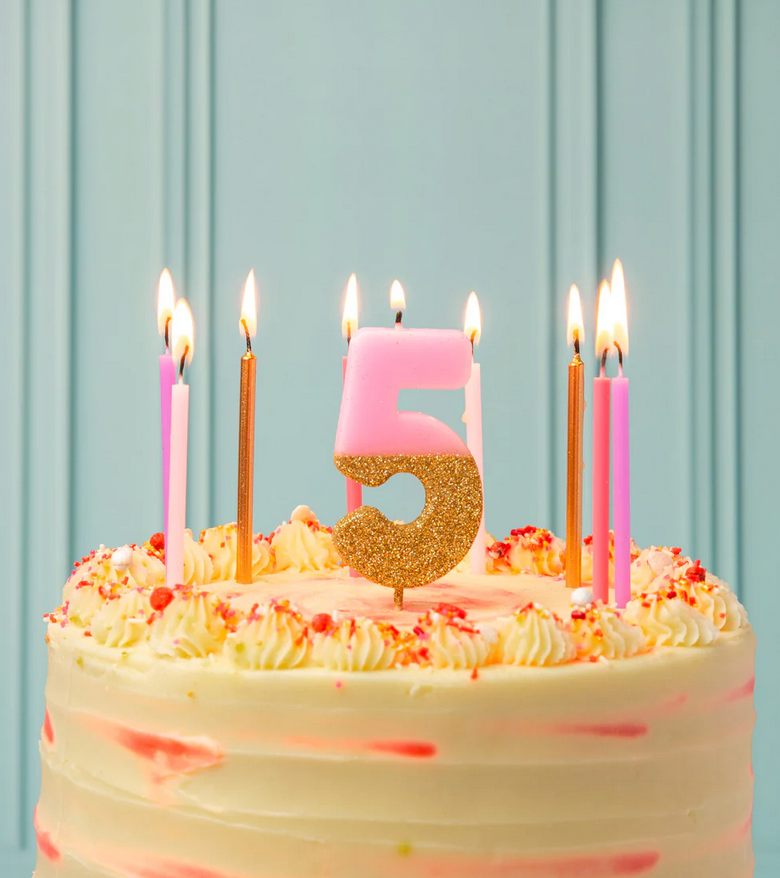 # 5 - Pink + Gold Glitter Birthday Candle