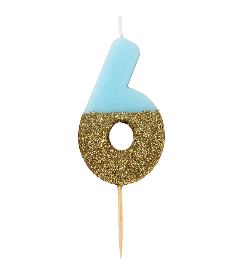 # 6 - Blue + Gold Glitter Birthday Candle