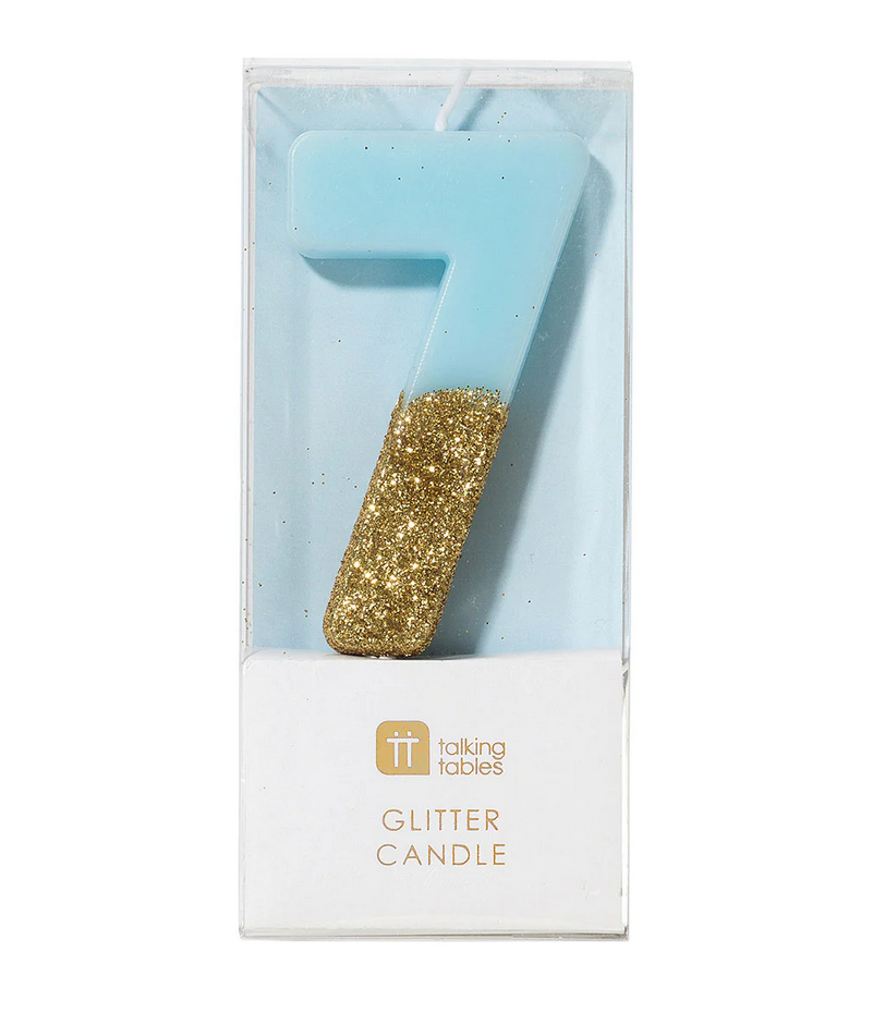 # 7 - Blue + Gold Glitter Birthday Candle