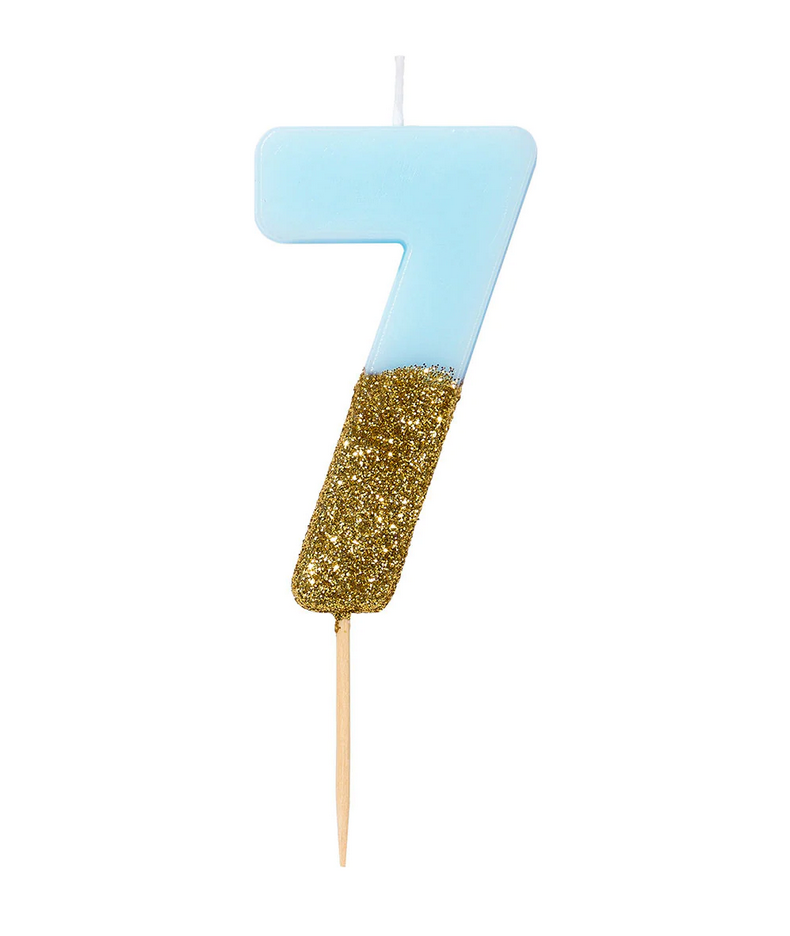 # 7 - Blue + Gold Glitter Birthday Candle