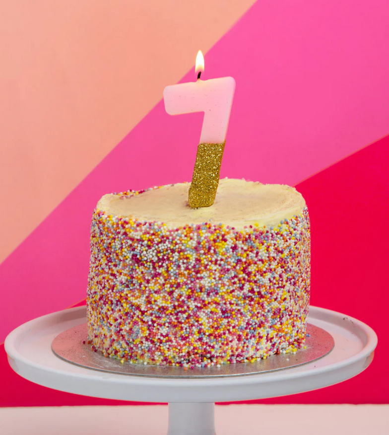 # 7 - Pink + Gold Glitter Birthday Candle