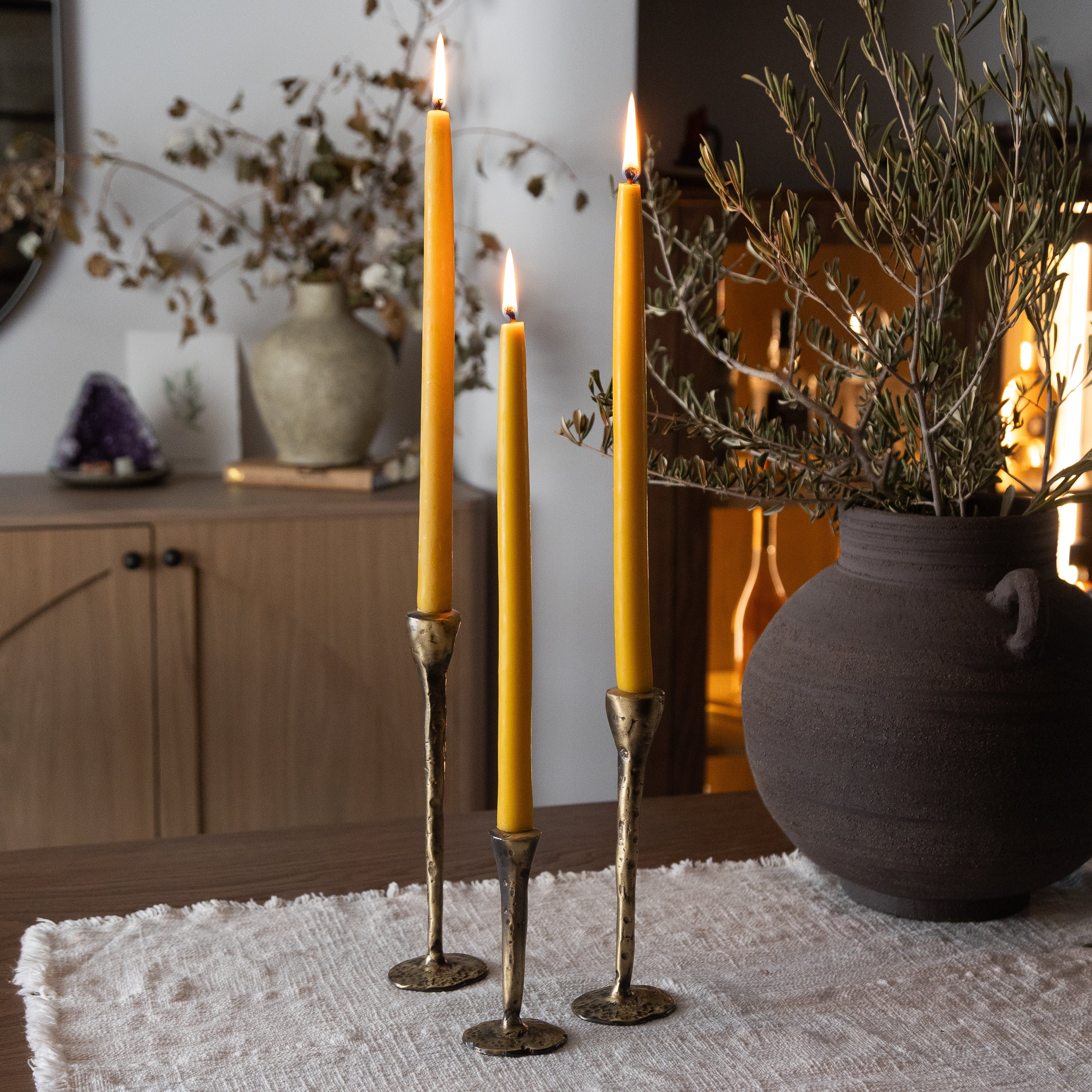 Antique Brass Large Candlesticks - Set of 3