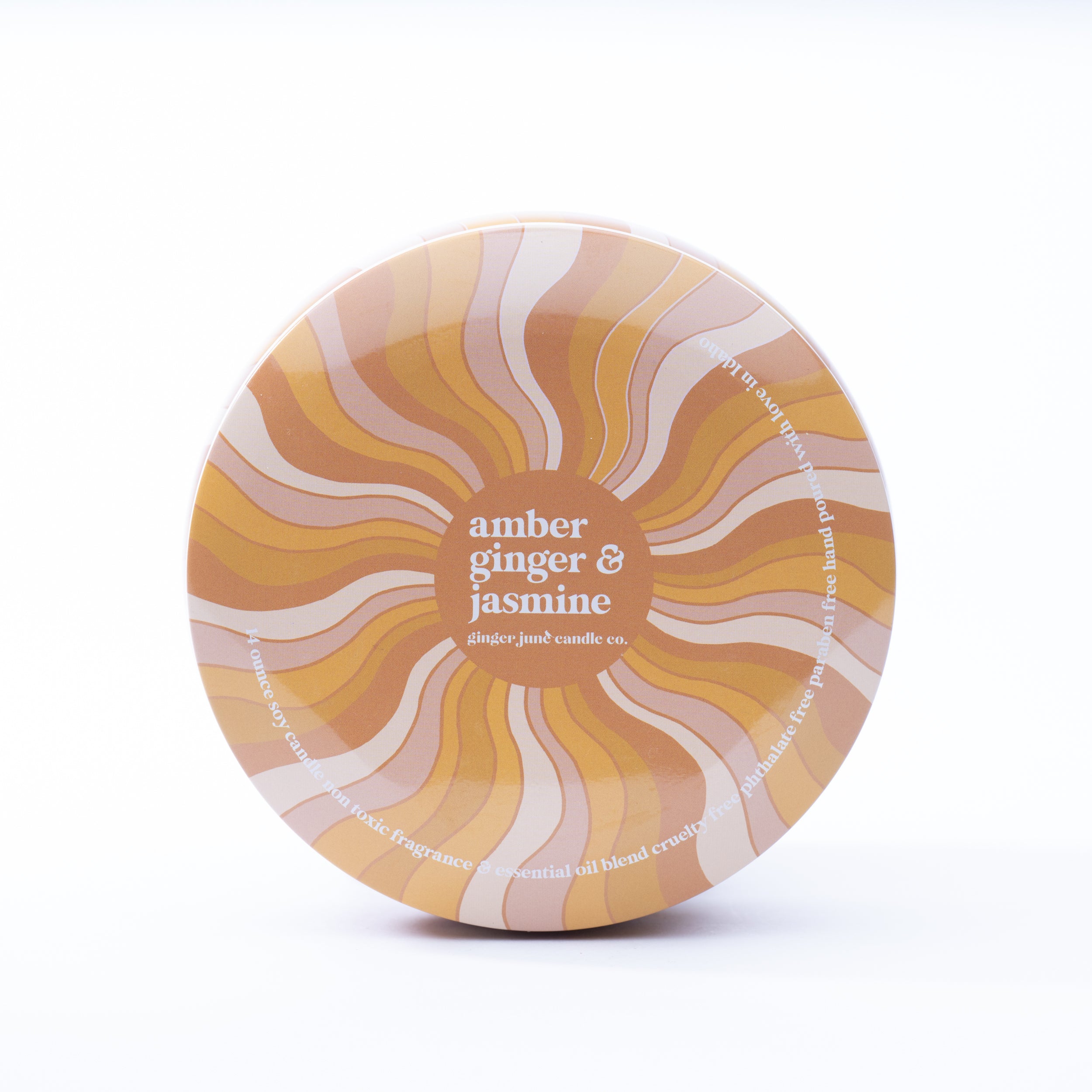 groovy swirl tin: amber + ginger + jasmine 14 oz candle