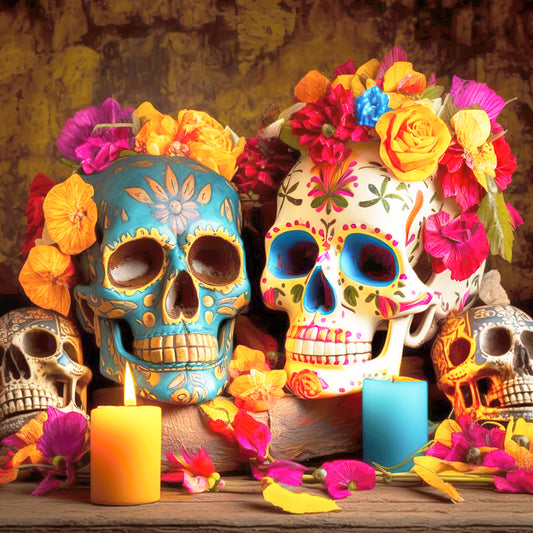 Sugar skulls sitting at an alter with candles.