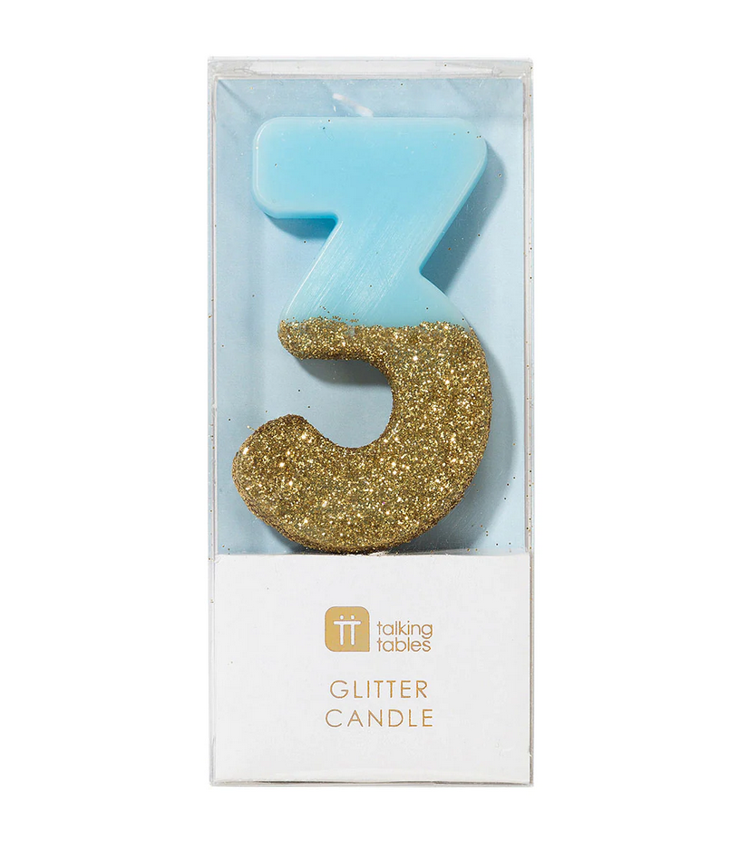 # 3 - Blue + Gold Glitter Birthday Candle