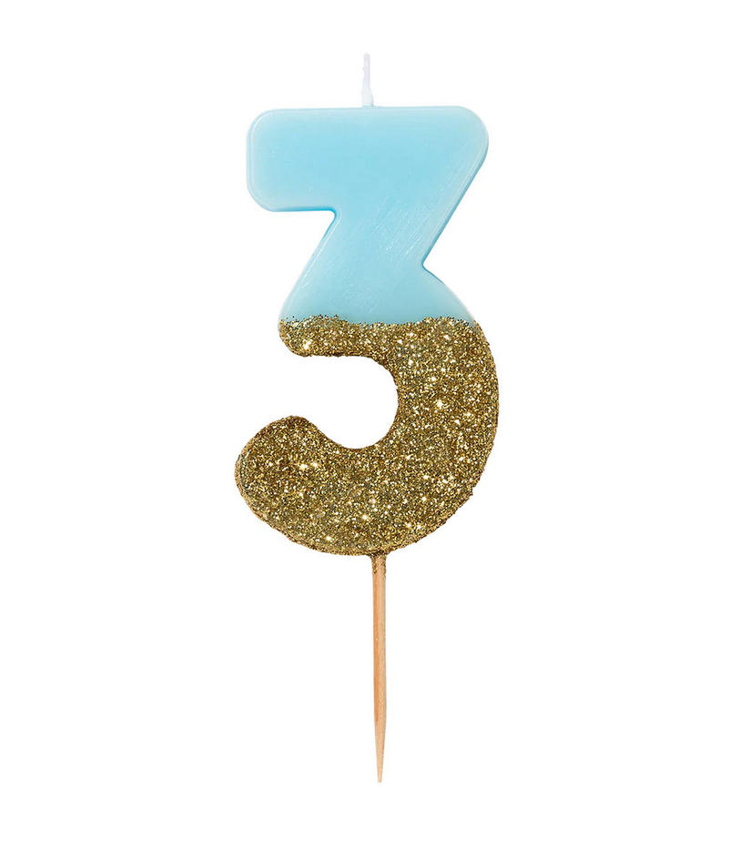 # 3 - Blue + Gold Glitter Birthday Candle