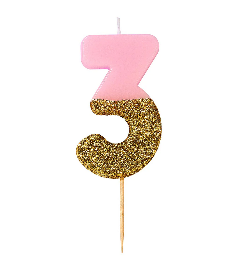 # 3 - Pink + Gold Glitter Birthday Candle