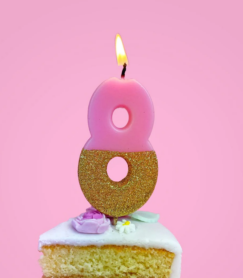 # 8 - Pink + Gold Glitter Birthday Candle