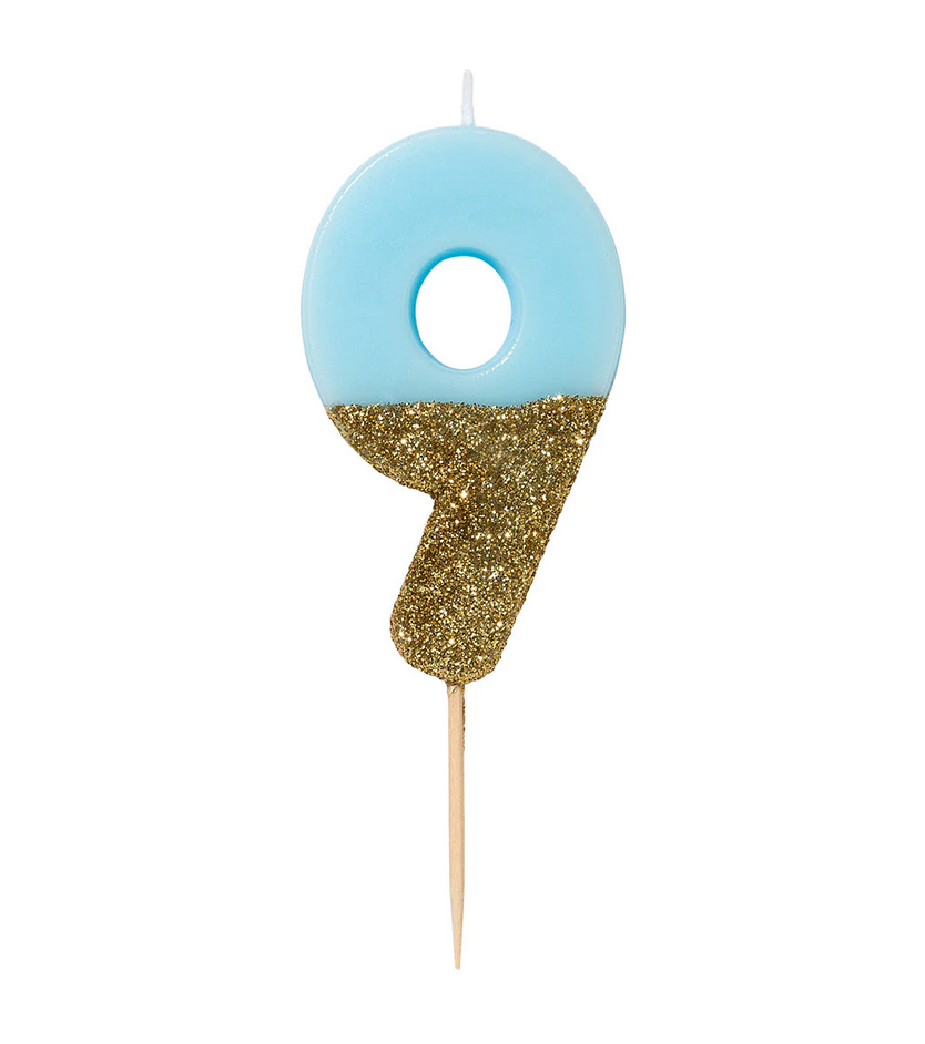 # 9 - Blue + Gold Glitter Birthday Candle