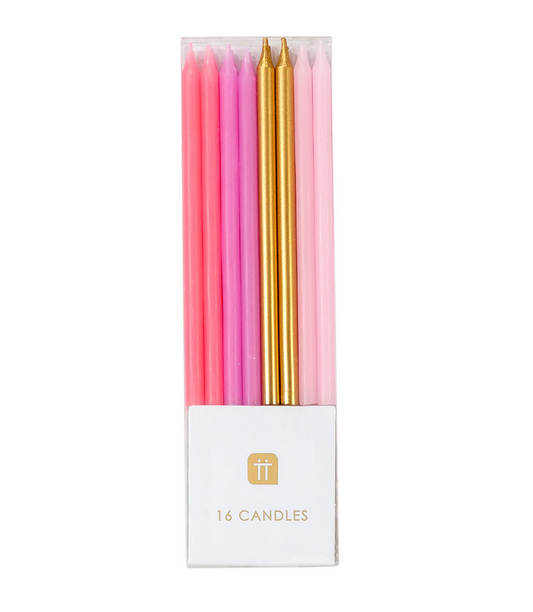 Tall Rose Pink + Gold Candles - 16 Pack