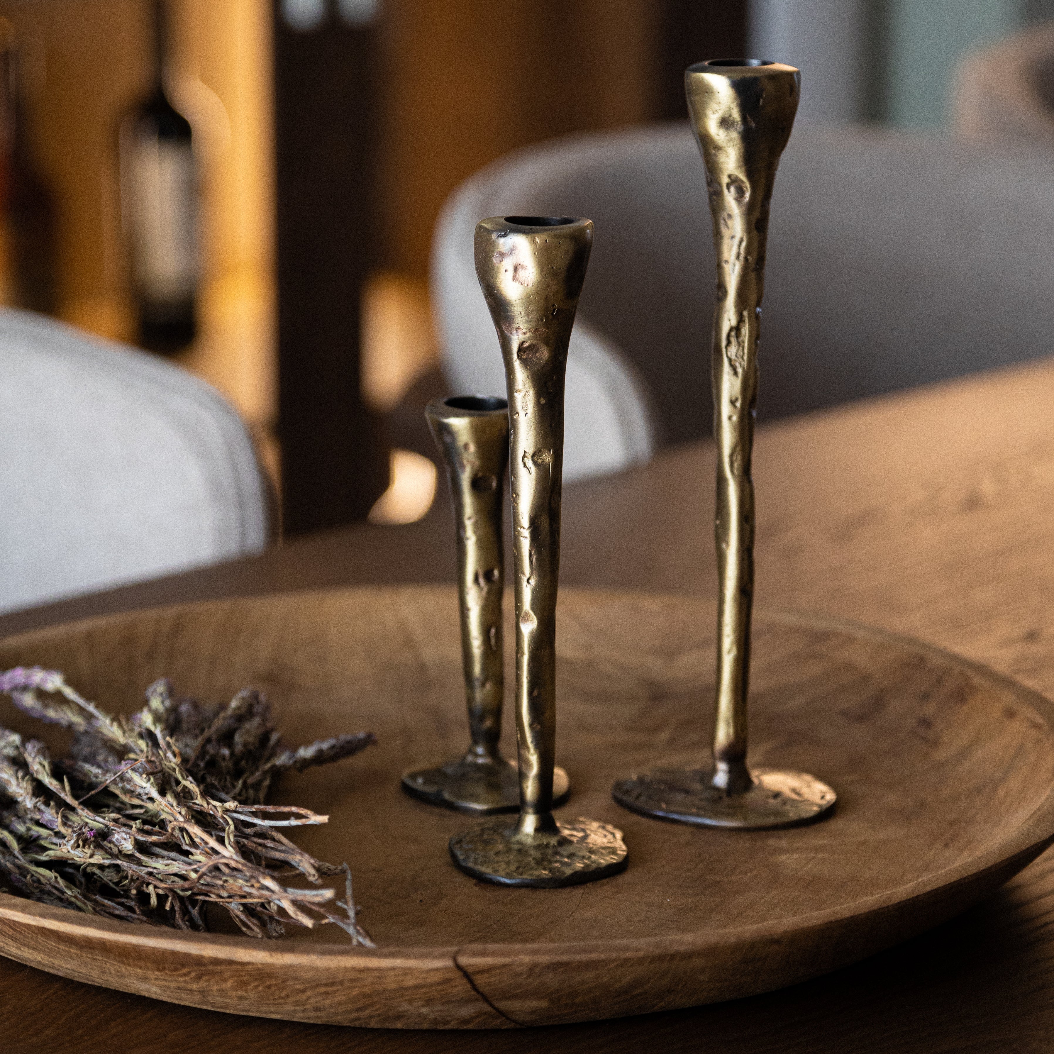 Antique Brass Large Candlesticks - Set of 3