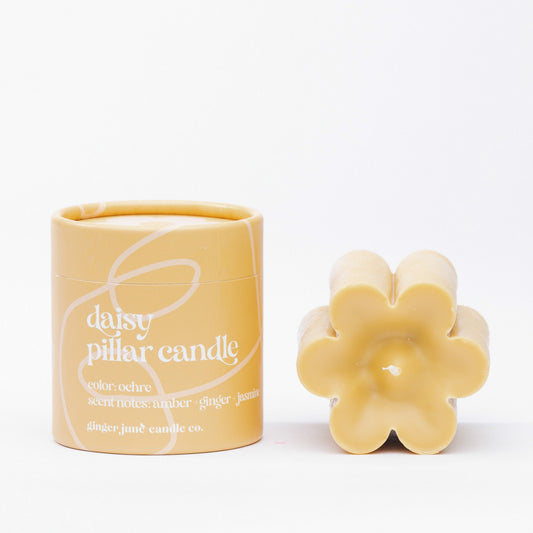 Ochre Daisy Pillar Candle • Soy Candle