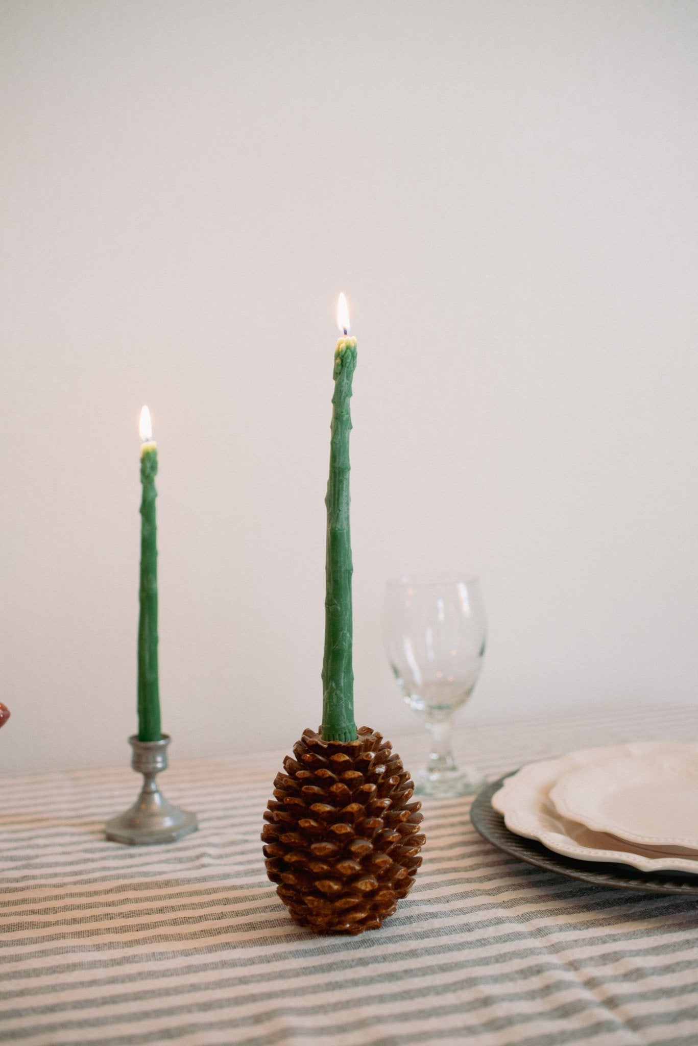 Beeswax Asparagus Taper Candle Pair - 9 inches tall